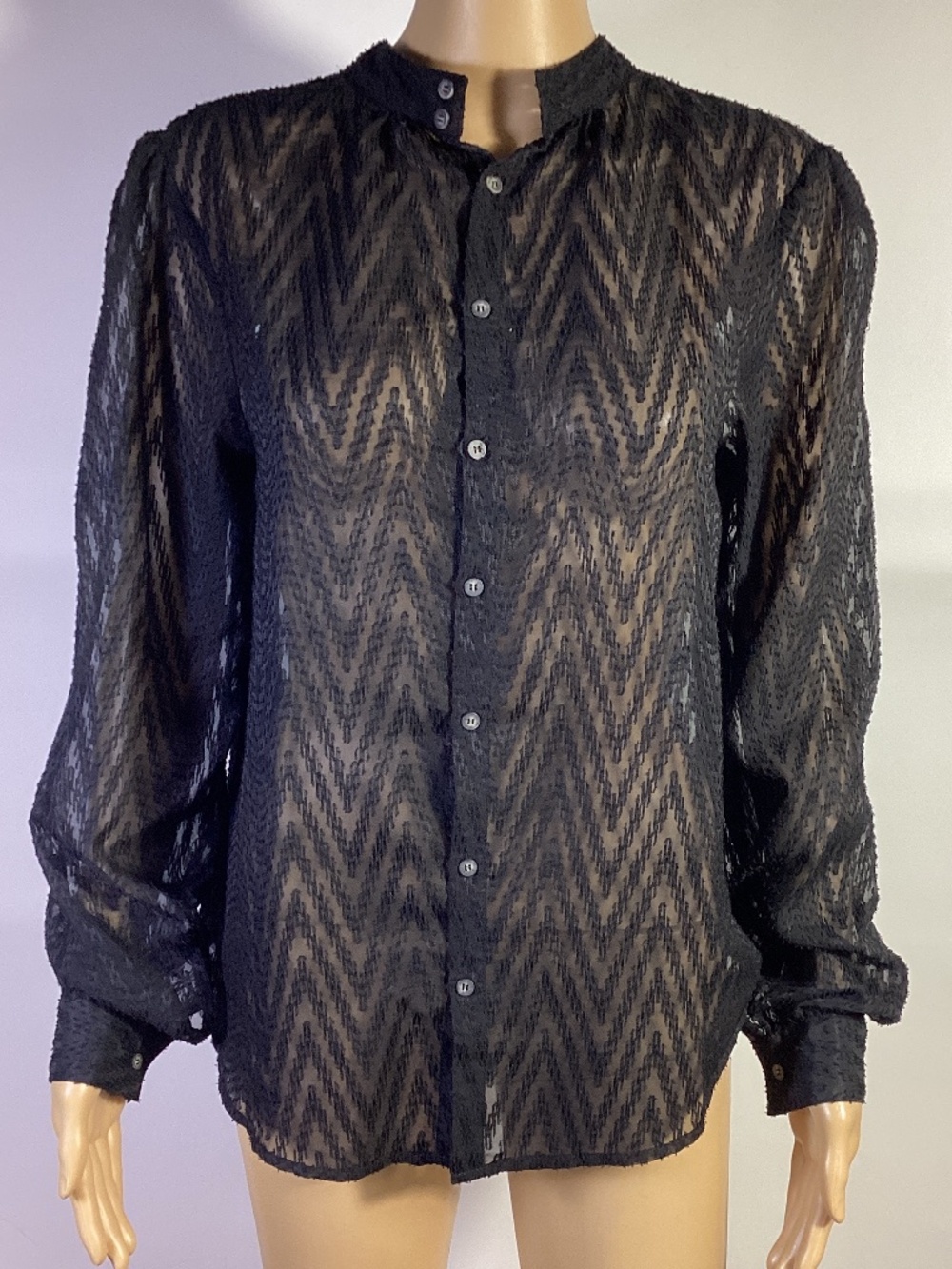 Free People Sheer Black Embroidered Blouse Mandarin Collar Sz M